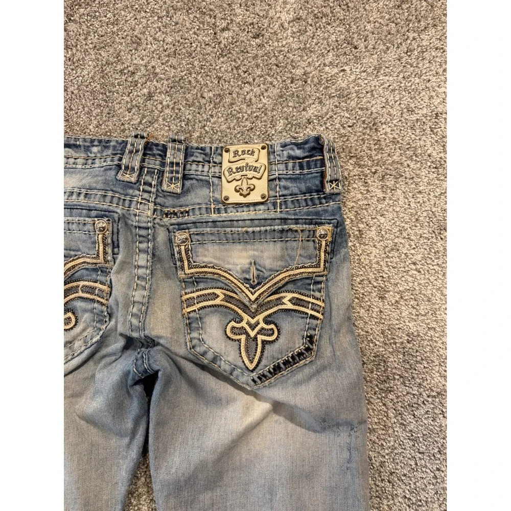Rock Revival Jeans Men 34 Blue Owen Boot Distressed Ripped Embroidered EP9657BL*